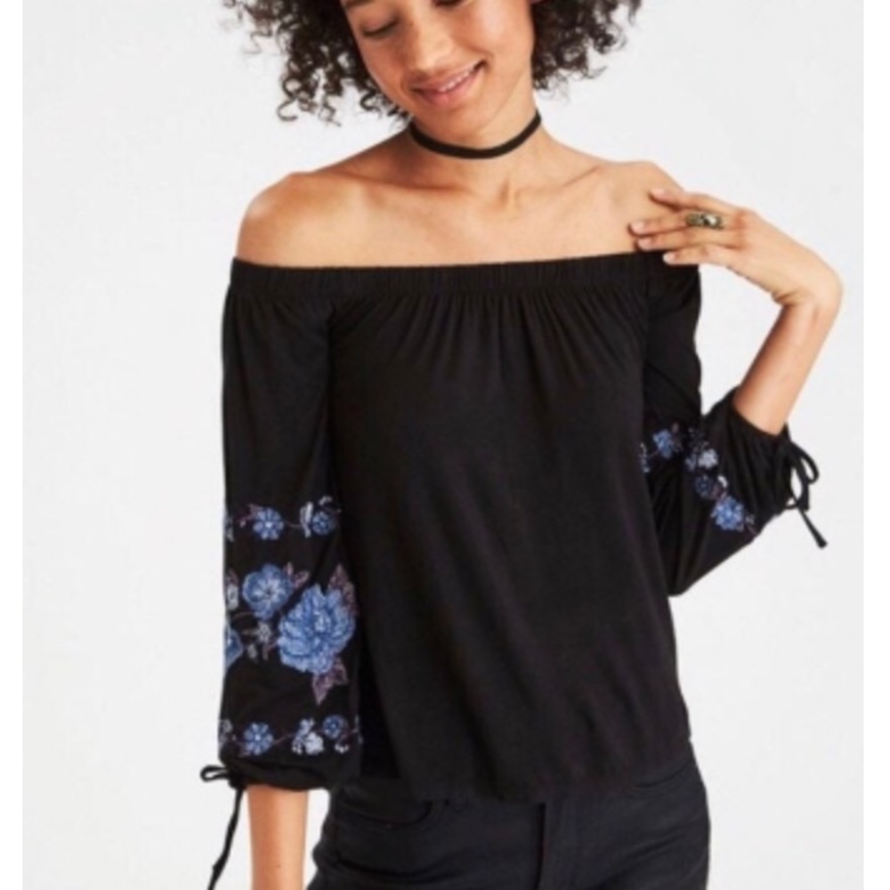 Black off the shoulder long sleeve w/ blue flowers